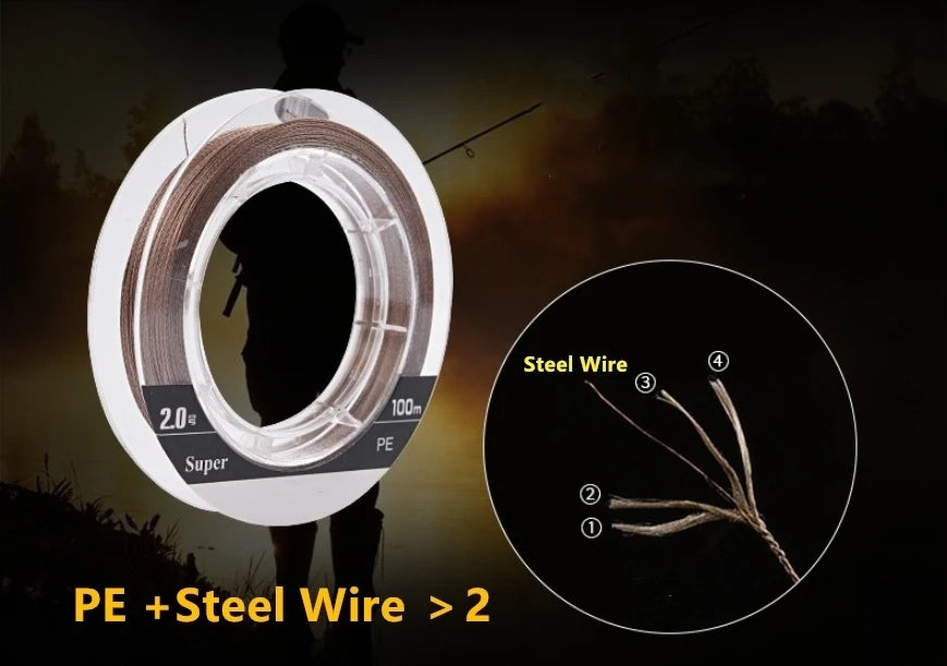 Mavllos Cored Wire Steel Inside Super Strong Multifilament Fishing Line 100m PE Braided Fishing Line 4 Strands 10- 90lb